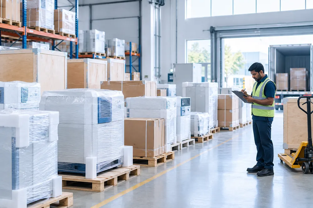 Packed laboratory equipment in a dispatch warehouse ready for delivery