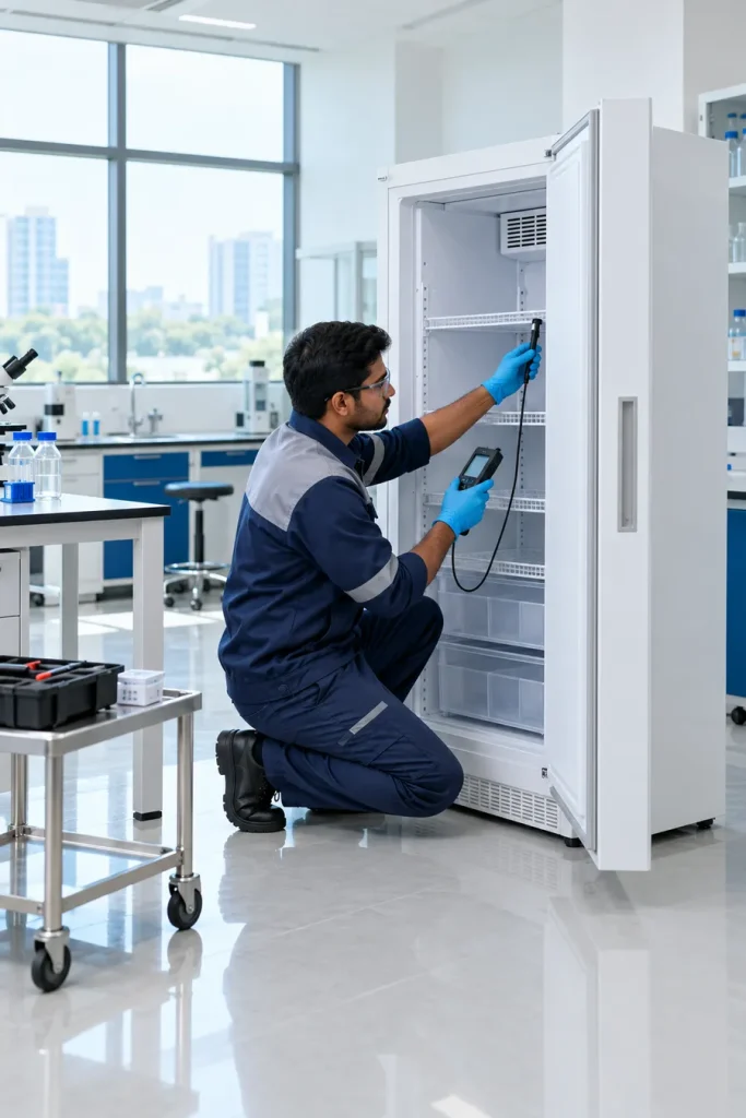 Engineer installing and calibrating a laboratory freezer