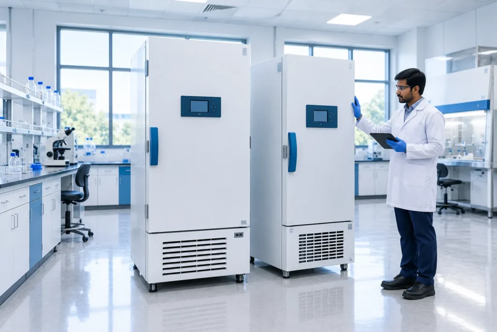 Scientist checking two upright ULT freezers