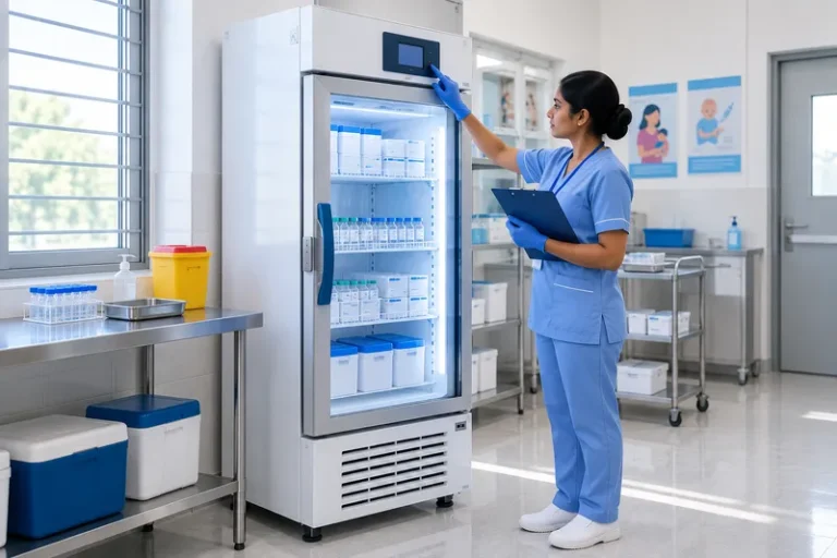 Nurse storing vaccines in a medical refrigerator