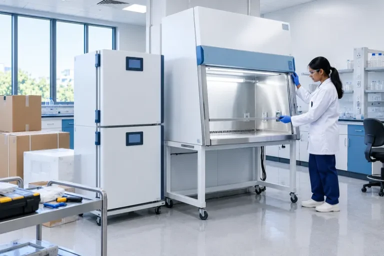 Scientist setting up a cell culture lab with an incubator and biosafety cabinet