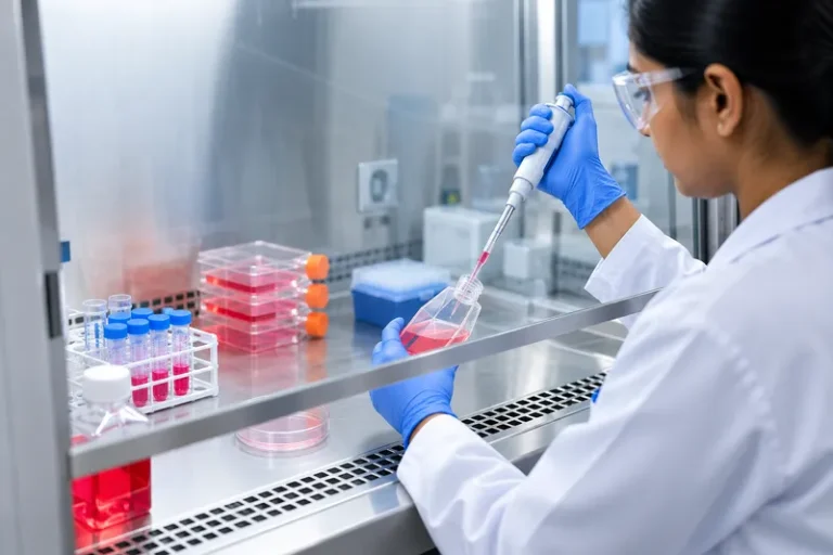 Scientist pipetting inside a biological safety cabinet