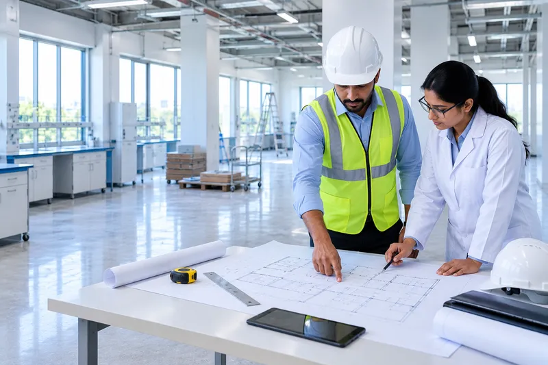 Engineer and scientist reviewing a laboratory floor plan