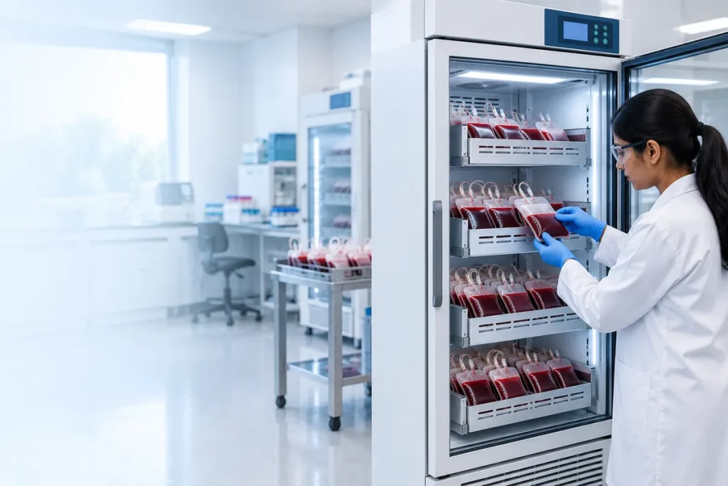 Scientist checking blood bags in a blood bank refrigerator