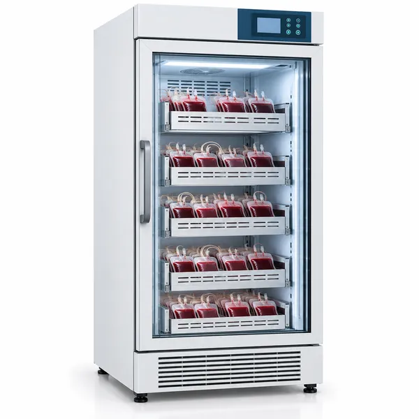 Blood bank refrigerator with blood bags on shelves