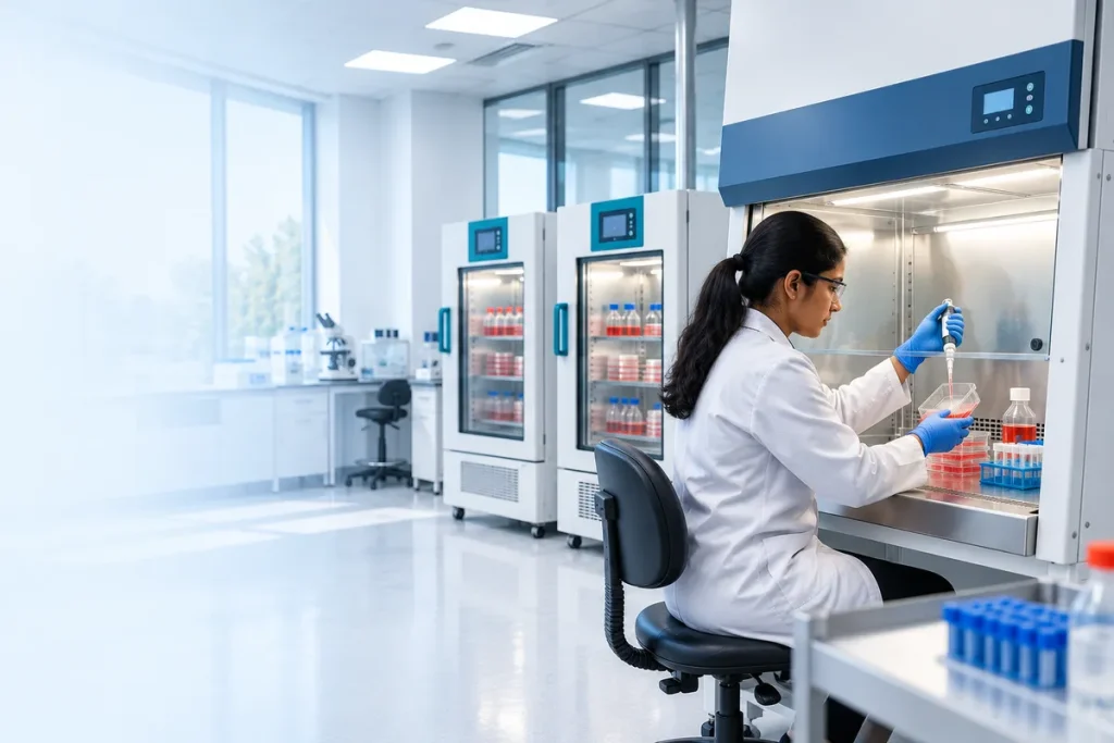 Scientist working at a biosafety cabinet beside CO2 incubators