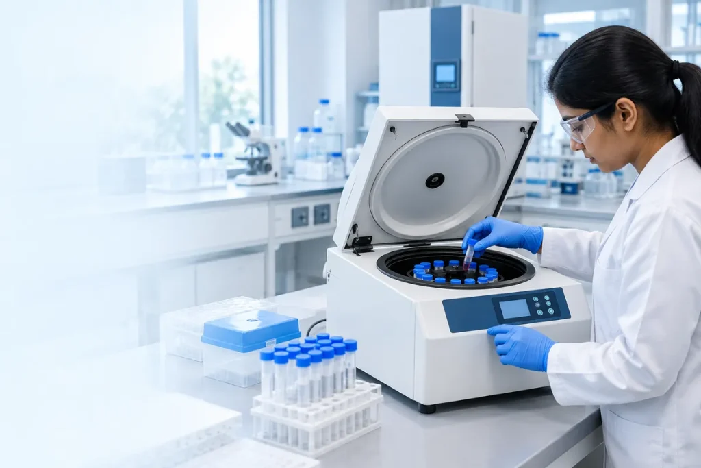 Scientist loading tubes into a benchtop centrifuge