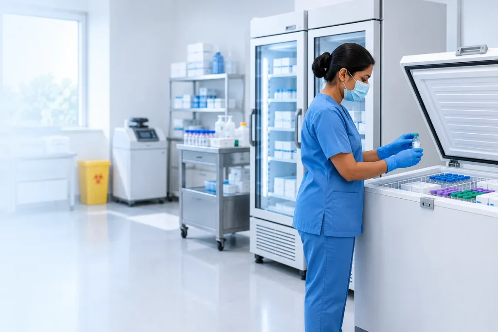 Nurse storing vaccines in a chest refrigerator at a clinic