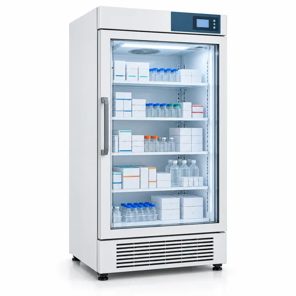 Pharmacy refrigerator stocked with medicines