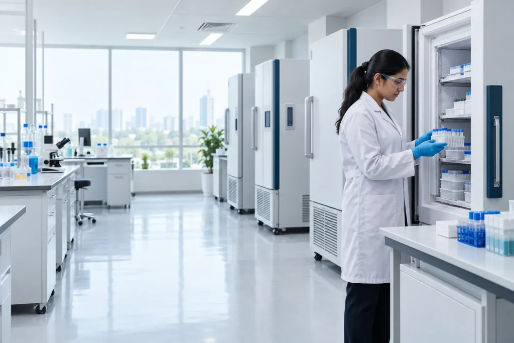 Scientist checking samples at an ultra-low temperature freezer in a modern research lab