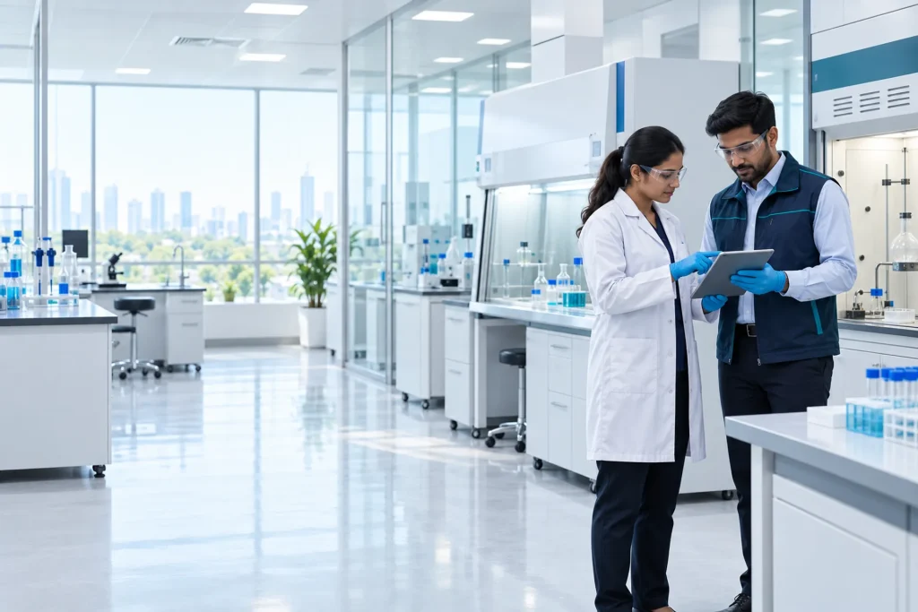 Lab manager and engineer reviewing a newly built turnkey laboratory