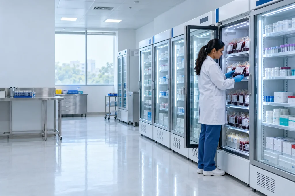 Scientist at a row of medical refrigerators in a blood bank and pharmacy store