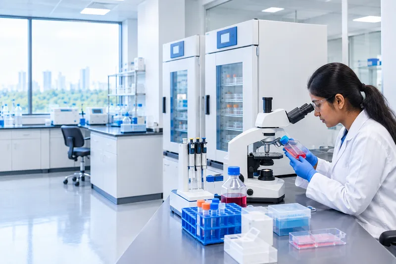 Biotechnology researcher at a microscope in a cell culture lab