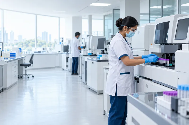Technician working at analysers in a hospital diagnostic lab