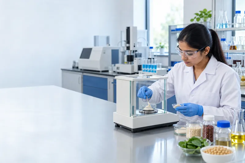 Analyst weighing food samples in a testing laboratory