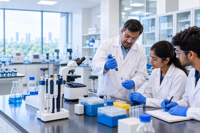 Professor and students at a university laboratory bench