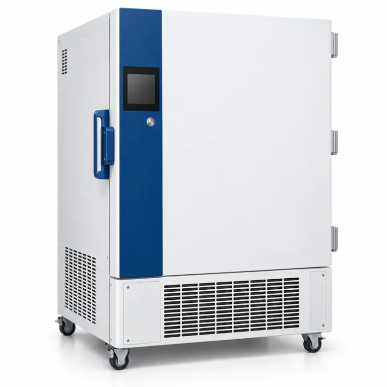 Large upright ULT freezer with blue door accent