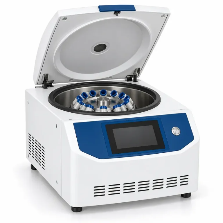 Benchtop centrifuge with lid open showing rotor