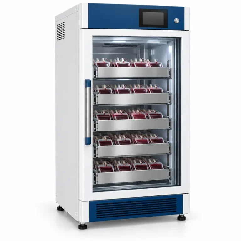 Blood bank refrigerator with blood bags in drawers