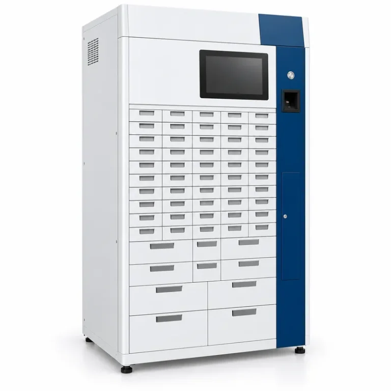 Pharmacy automation cabinet with touchscreen and drawers