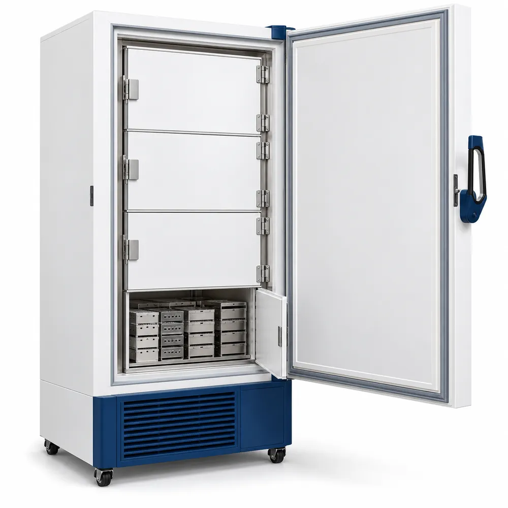 UltraEco ULT freezer with door open showing inner doors
