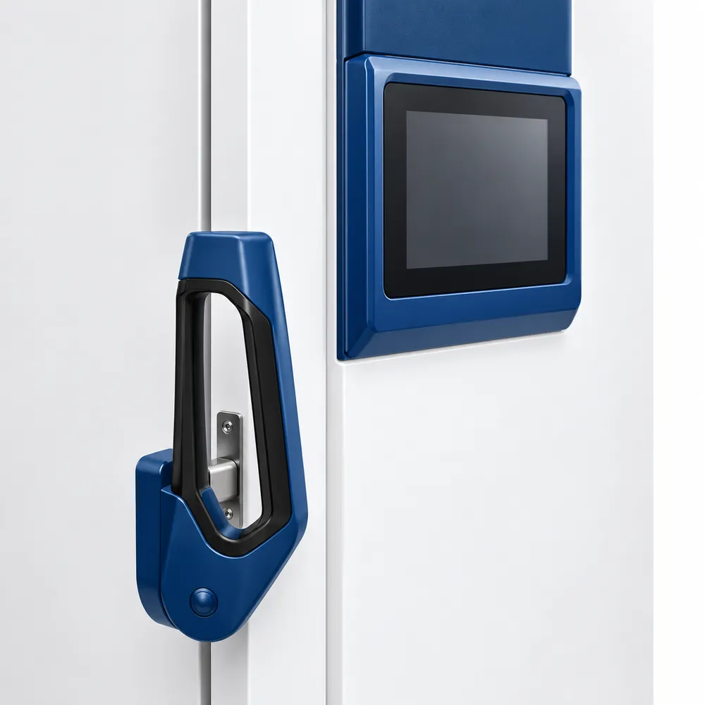Close-up of the ULT freezer control panel and handle