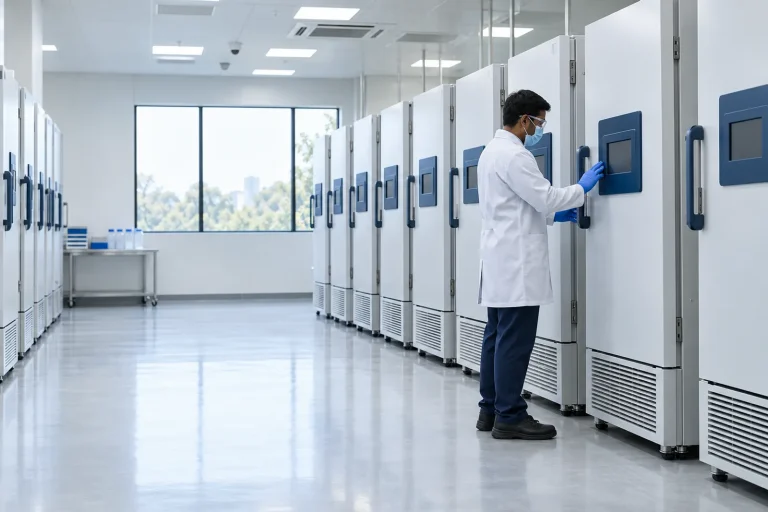 Biobank room with rows of ultra-low temperature freezers