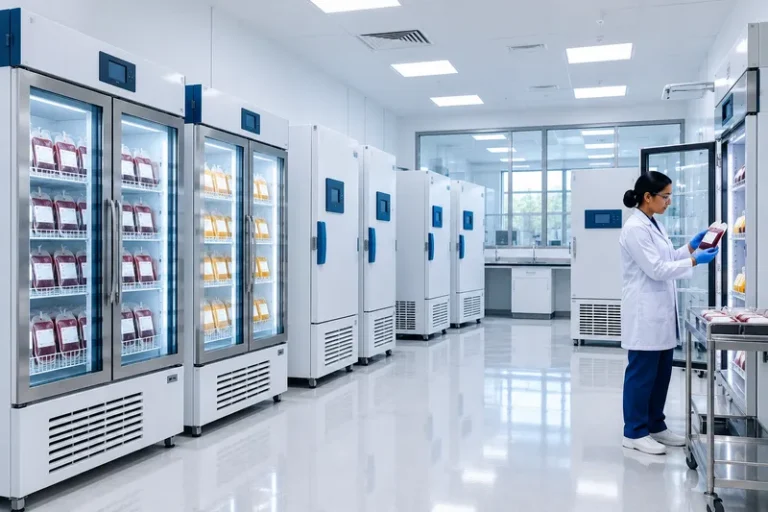 Hospital blood bank with blood bank refrigerators