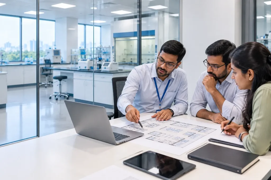 Consultant reviewing a laboratory layout plan with clients