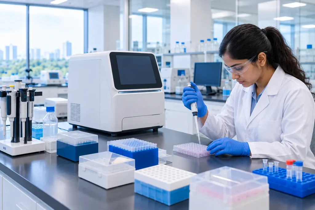 Scientist pipetting into a well plate beside a sequencer