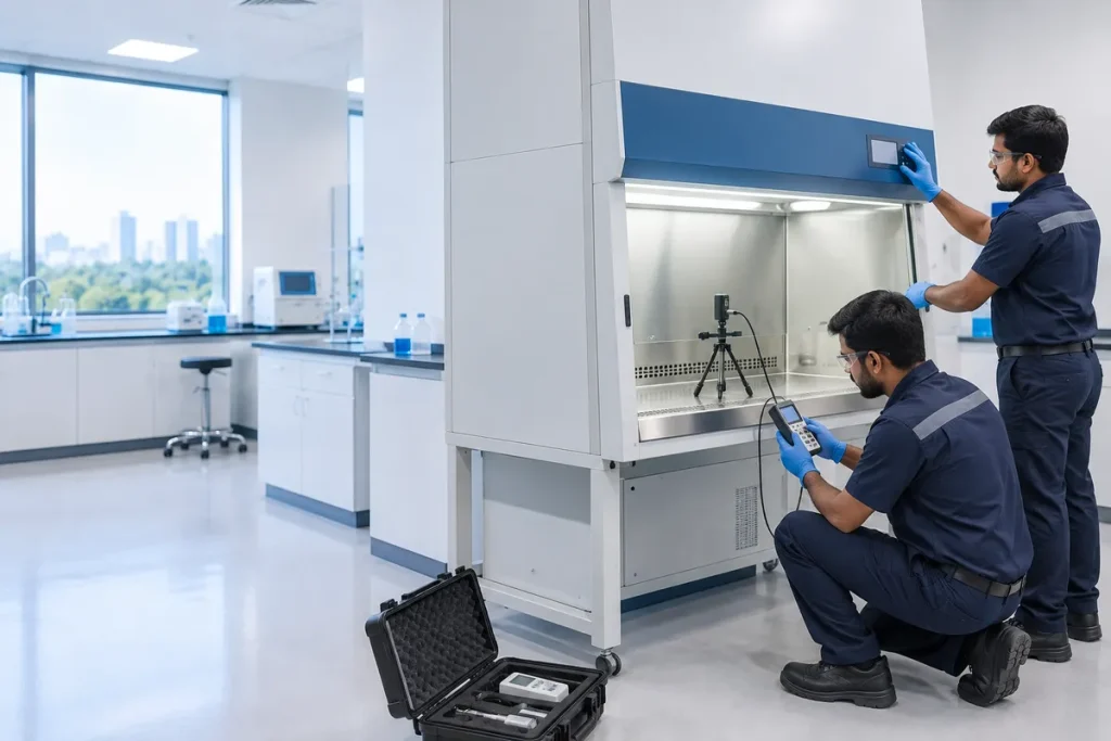 Service engineers commissioning a biosafety cabinet