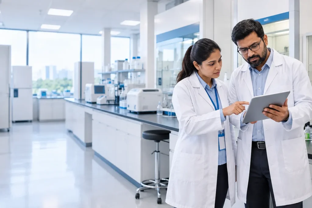 Lab manager and consultant comparing equipment options on a tablet