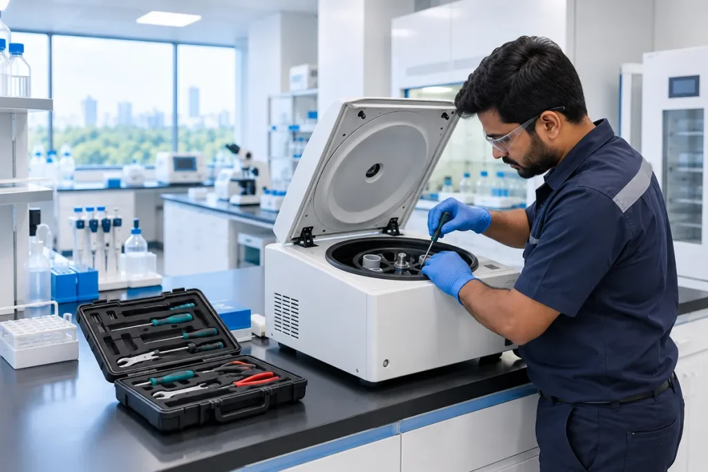 Engineer servicing a centrifuge