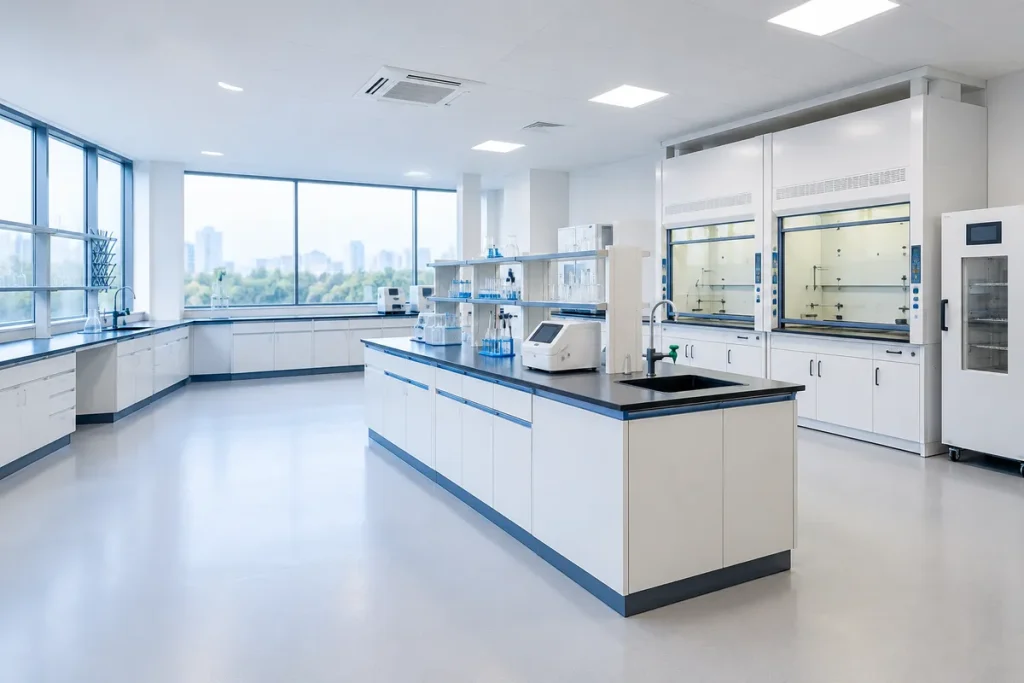 Newly fitted modular laboratory with benches and fume hoods